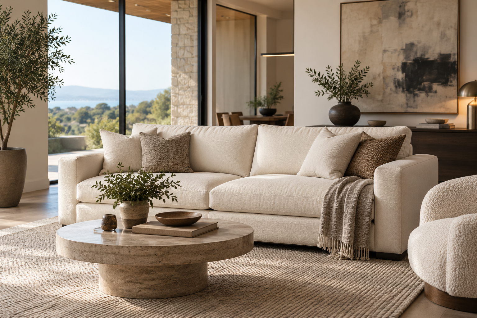 A cream upholstered sofa in a bright living room